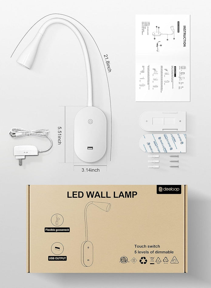 deeloop LED Wall Mount Reading Lamp, CRI 95+ Wall Sconce Light with 10W USB Output，4 Color 5 Dimming Touch Control Wall Lamps with 4 Hours Auto-Off Bed Lighting Spotlight