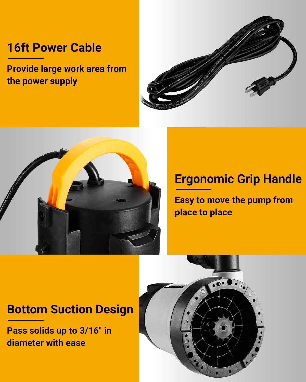 DEKOPRO Submersible Water Pump 1HP 3302GPH 750W Utility Pump Portable Electric Water Transfer Pump for Swimming Pool Tub Garden Pond with 16-Foot Cord