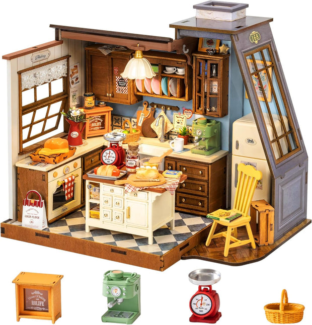 Rolife DIY Miniature House Baking Kitchen Kit for Adults, Mini Wooden Dollhouse Kit, Tiny House Diorama Building Kits DG172