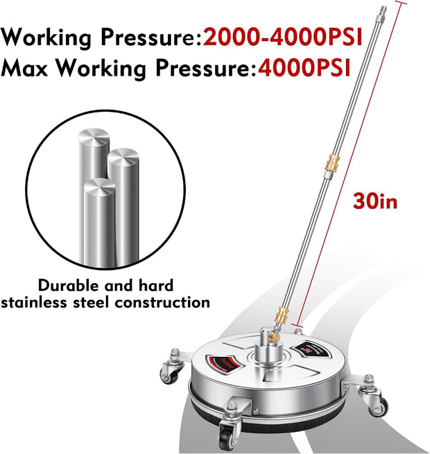 14" Pressure Washer Surface Cleaner with 4 Wheels - Stainless Steel Surface Cleaner for Pressure Washer Attachment for Concrete, Patio, Sidewalk, Deck and Driveways