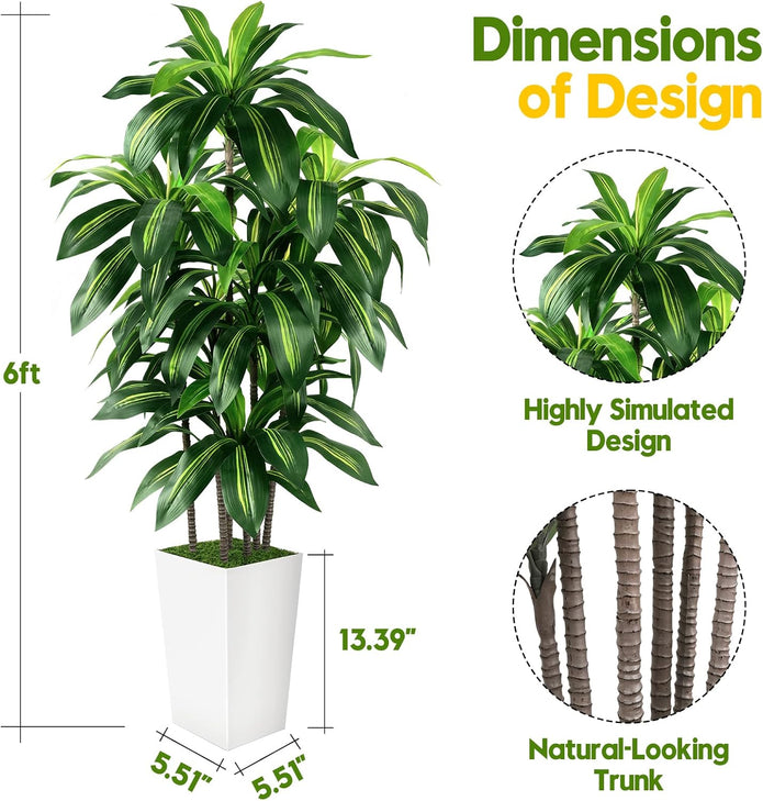 Artificial Dracaena Tree Indoor, 6FT Tall Fake Tree with White Tall Planter