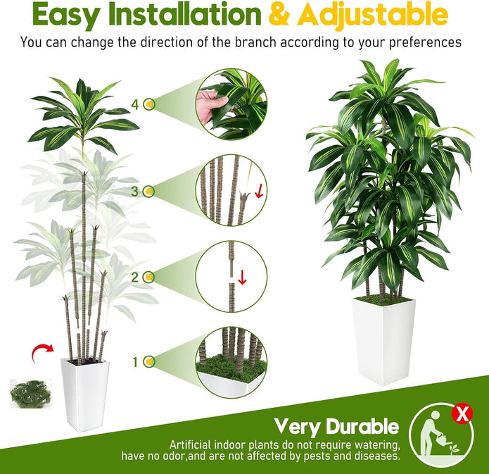 Artificial Dracaena Tree Indoor, 6FT Tall Fake Tree with White Tall Planter