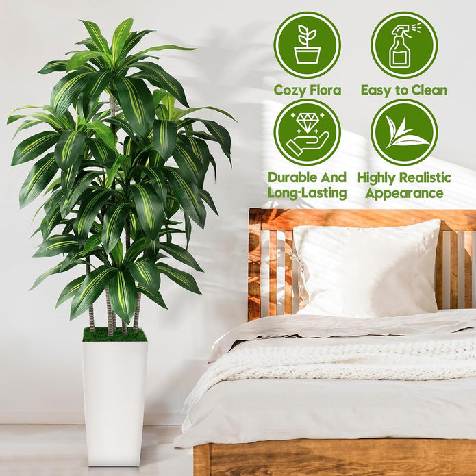 Artificial Dracaena Tree Indoor, 6FT Tall Fake Tree with White Tall Planter