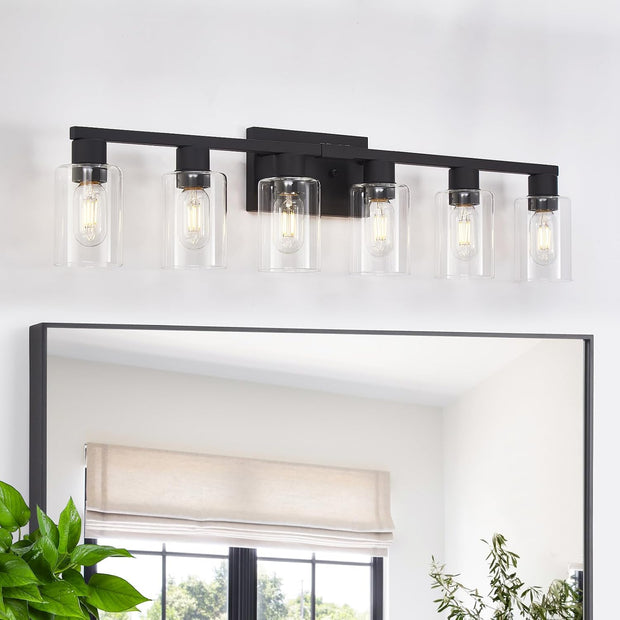 Black Bathroom Light Fixtures, 6-Light Bathroom Lighting Fixtures Over Mirror with Clear Glass Shade, 34in Farmhouse Vanity Lights, 6 Bulb Count Large Vanity Light Fixture for Bath, Mirror,Wall Sconce