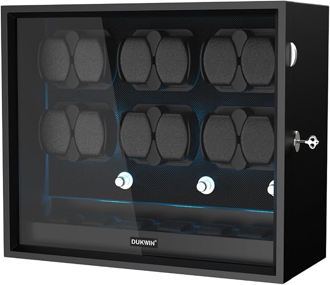 DUKWIN Watch Winder for 4/6/8/12 Automatic Watches, Lockable Automatic Winders with Extra 4/6 Watch Spaces, 4 Rotation Modes, Flexible Pillows, Quiet Motor and Blue Backlight