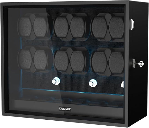 DUKWIN Watch Winder for 4/6/8/12 Automatic Watches, Lockable Automatic Winders with Extra 4/6 Watch Spaces, 4 Rotation Modes, Flexible Pillows, Quiet Motor and Blue Backlight