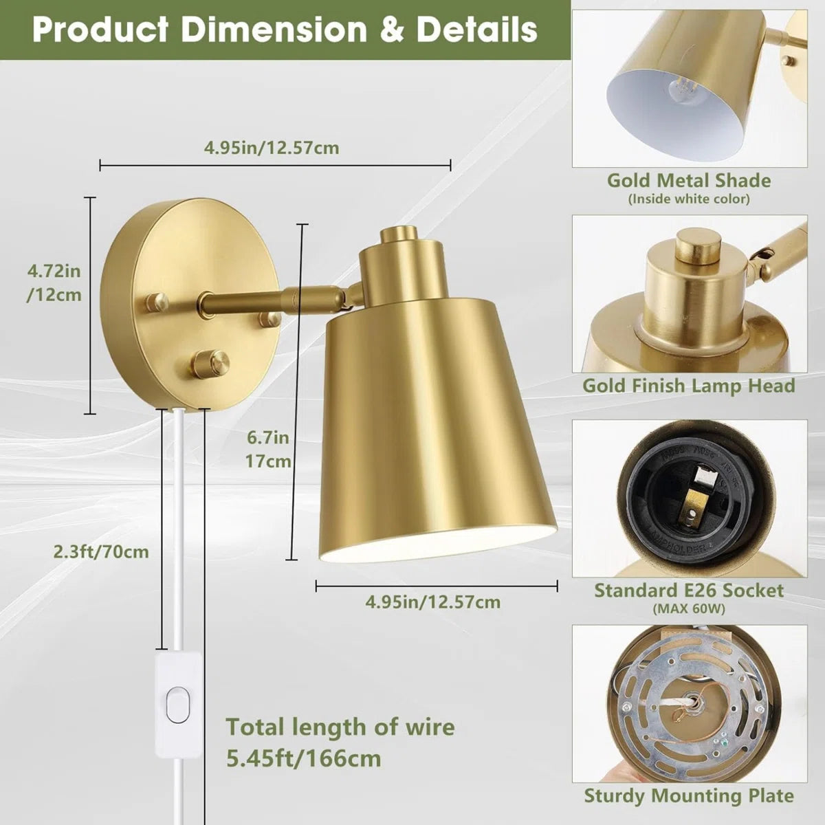 Plug in Wall  Dimmable Wall Sconces Adjustable Wall Lights with Plug in Cord,Gold