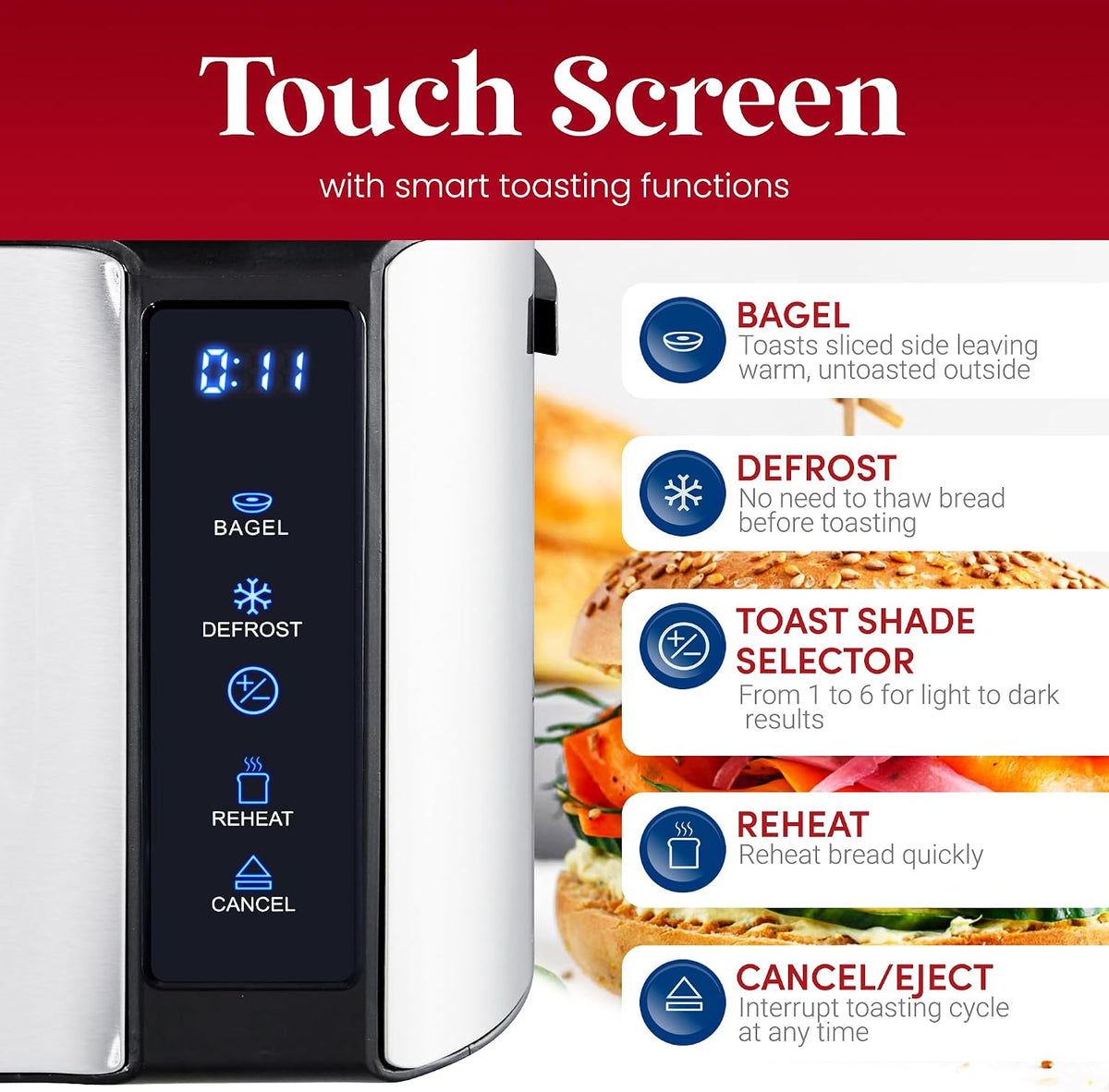 Elite Gourmet 4-Slice Long Slot Toaster, Extra-Wide Slots, Countdown Timer 6 Settings, Bagel, Stainless Steel, ECT5322