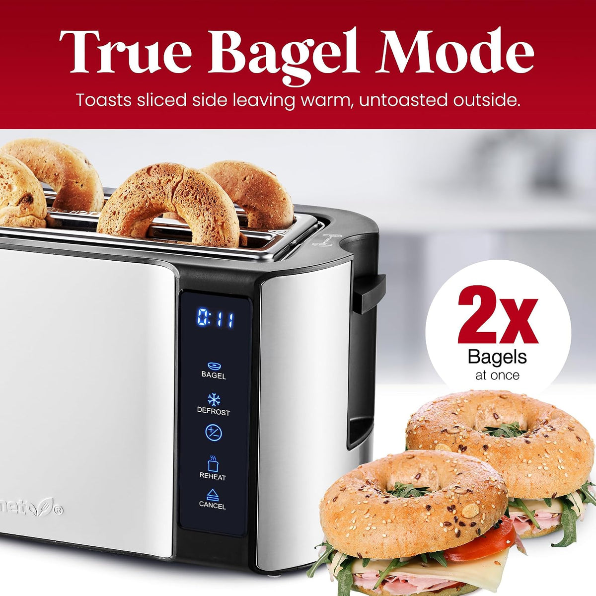 Elite Gourmet 4-Slice Long Slot Toaster, Extra-Wide Slots, Countdown Timer 6 Settings, Bagel, Stainless Steel, ECT5322