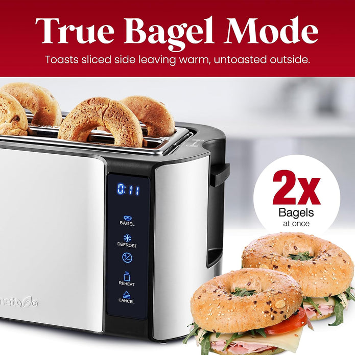 Elite Gourmet 4-Slice Long Slot Toaster, Extra-Wide Slots, Countdown Timer 6 Settings, Bagel, Stainless Steel, ECT5322