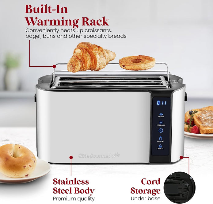 Elite Gourmet 4-Slice Long Slot Toaster, Extra-Wide Slots, Countdown Timer 6 Settings, Bagel, Stainless Steel, ECT5322