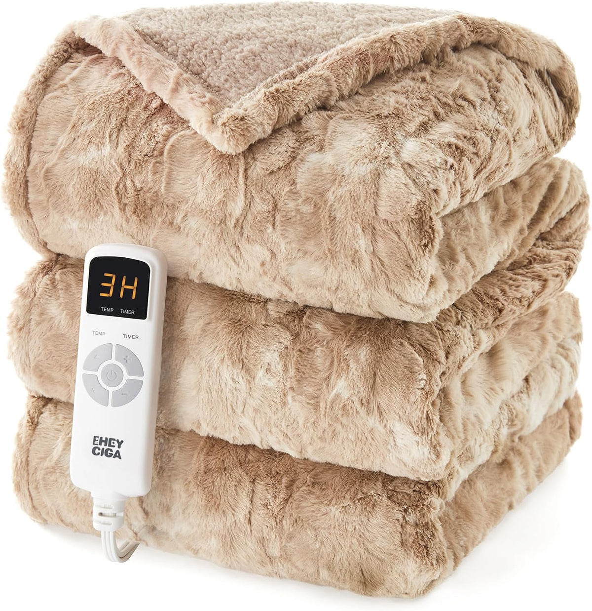 EHEYCIGA Heated Blanket Electric Blanket TWIN Faux Fur, Heating Blanket with 9 Heating Levels & 10 Hours Auto Off, Portable Soft Cozy Sherpa Washable Blanket with Fast Heating Camel, 62 x 84 Inches