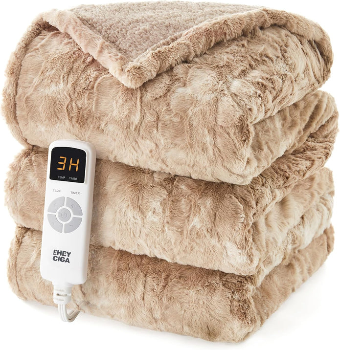 EHEYCIGA Heated Blanket Electric Blanket TWIN Faux Fur, Heating Blanket with 9 Heating Levels & 10 Hours Auto Off, Portable Soft Cozy Sherpa Washable Blanket with Fast Heating Camel, 62 x 84 Inches