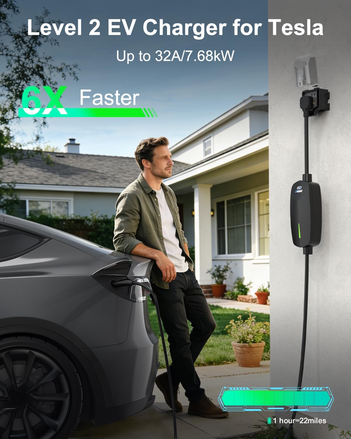 Level 2 EV Charger for Tesla 32A Fast Charging, 25ft Cord, NEMA 14-50 Plug, Portable & Home NACS Connector for All Tesla Models S/3/X/Y/Cybertruck - 240V Electric Car Mobile Charger