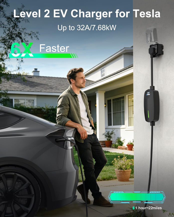 Level 2 EV Charger for Tesla 32A Fast Charging, 25ft Cord, NEMA 14-50 Plug, Portable & Home NACS Connector for All Tesla Models S/3/X/Y/Cybertruck - 240V Electric Car Mobile Charger