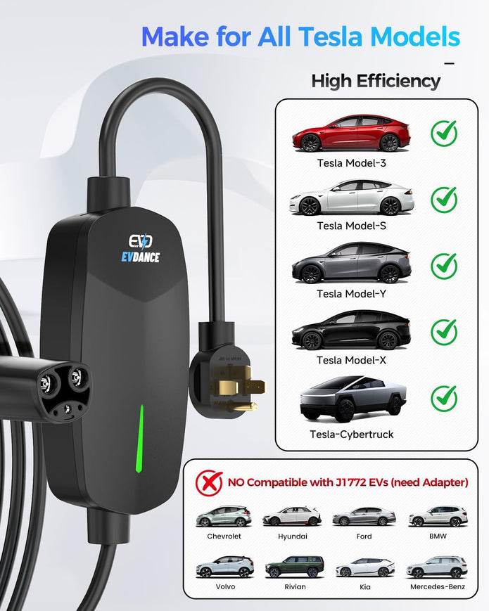 Level 2 EV Charger for Tesla 32A Fast Charging, 25ft Cord, NEMA 14-50 Plug, Portable & Home NACS Connector for All Tesla Models S/3/X/Y/Cybertruck - 240V Electric Car Mobile Charger