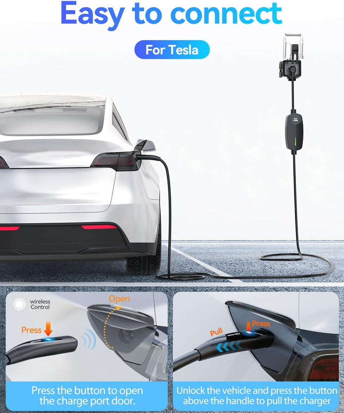 Level 2 EV Charger for Tesla 32A Fast Charging, 25ft Cord, NEMA 14-50 Plug, Portable & Home NACS Connector for All Tesla Models S/3/X/Y/Cybertruck - 240V Electric Car Mobile Charger