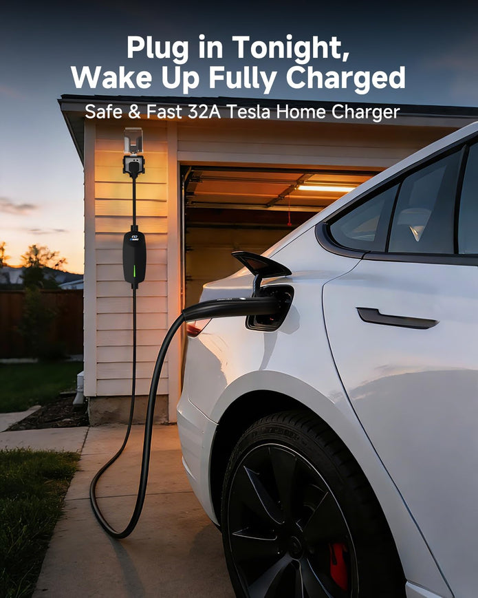 Level 2 EV Charger for Tesla 32A Fast Charging, 25ft Cord, NEMA 14-50 Plug, Portable & Home NACS Connector for All Tesla Models S/3/X/Y/Cybertruck - 240V Electric Car Mobile Charger