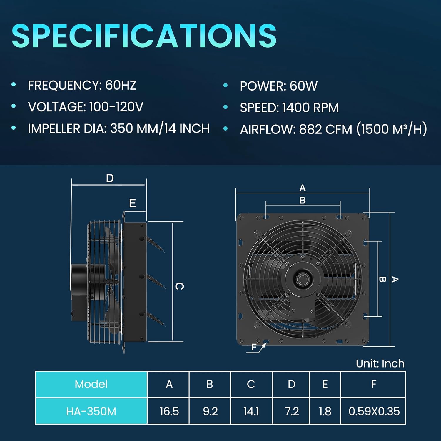 14 Inch Shutter Exhaust Fan with Speed Controller, 882 CFM High-Speed Vent Fan