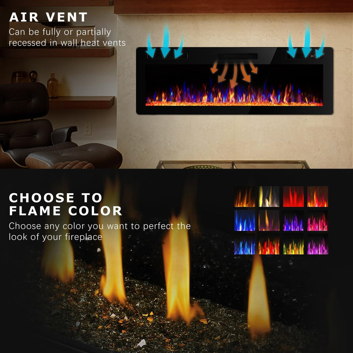 DEMO MODEL 50 Inch Ultra Thin Electric Fireplace-Narrow Bezel Linear Fireplace Heater Recessed Wall Mounted, Remote and Screen Control, 8H Sleep Timer, Low Noise, 750/1500W for Living Room, Bedroom