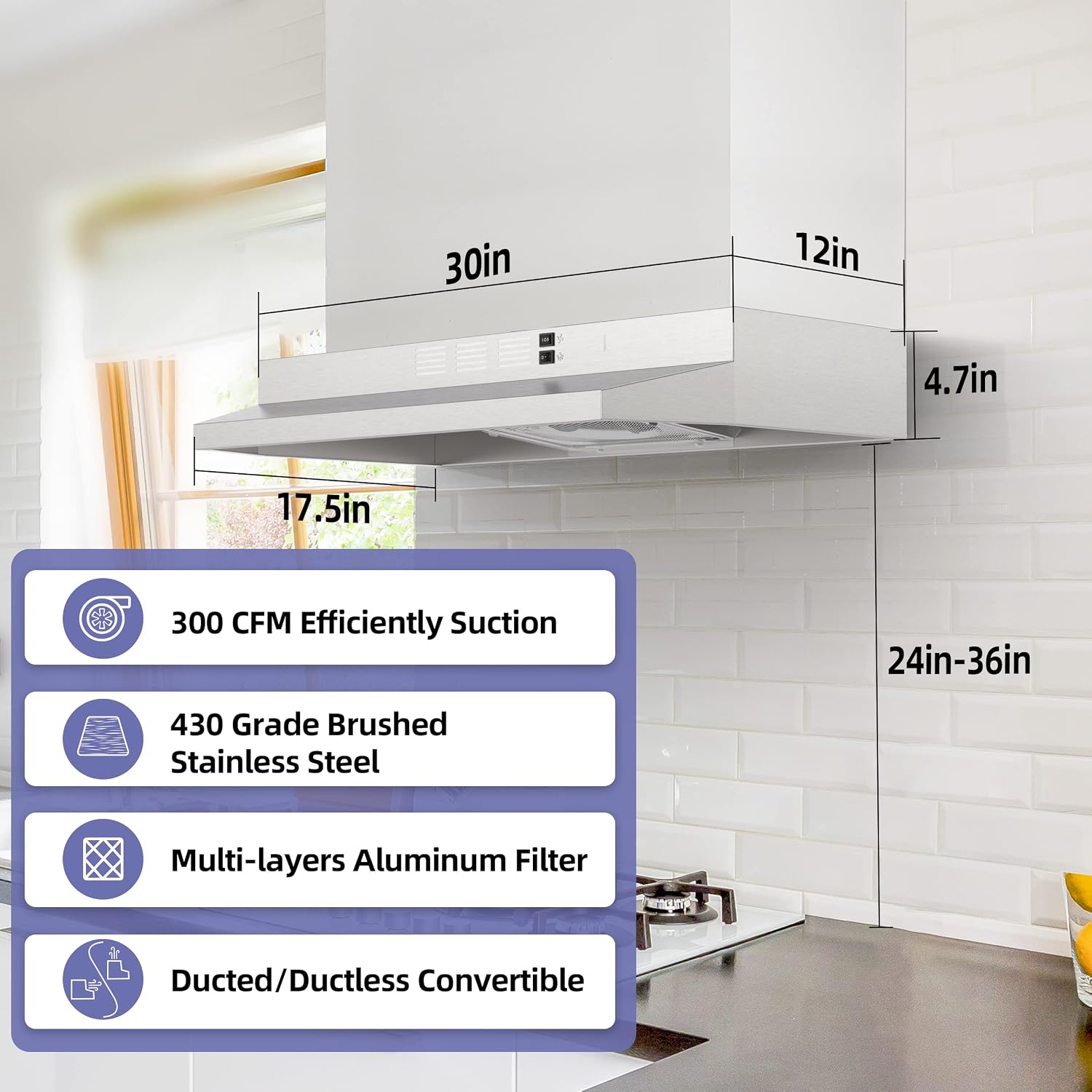 NEW IN OPEN BOX FIREGAS Range Hood 30 Inch Under Cabinet, Ducted/Ductless Convertible Stainless Steel Kitchen Hood with Rocker Button Control