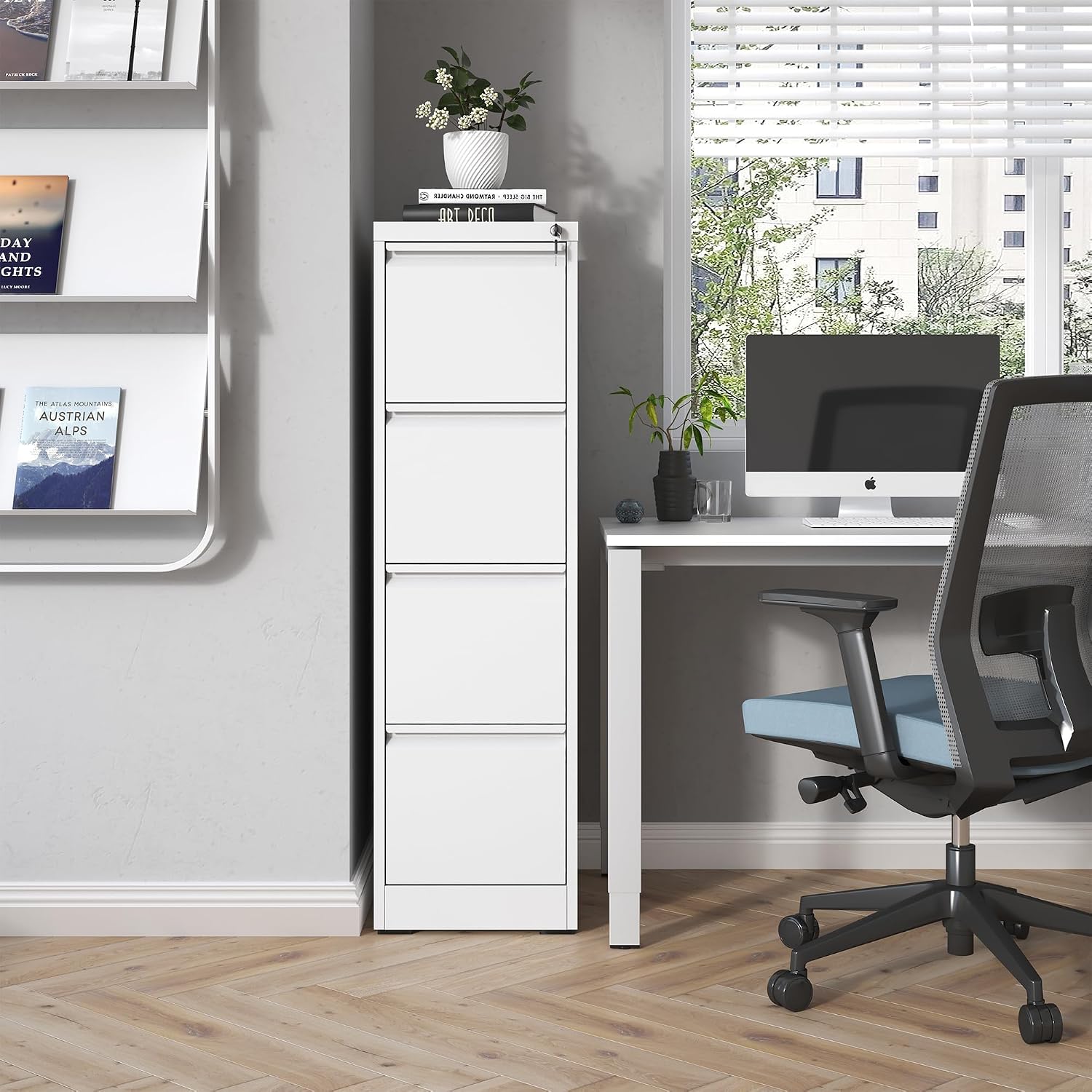4 Drawer File Cabinet with Lock,Metal Vertical Filing Cabinets for Home Office,Heavy Duty File Storage Cabinet for Letter/Legal/A4/F4 Size File,Assembly Require (White, Vertical 4 Drawer)