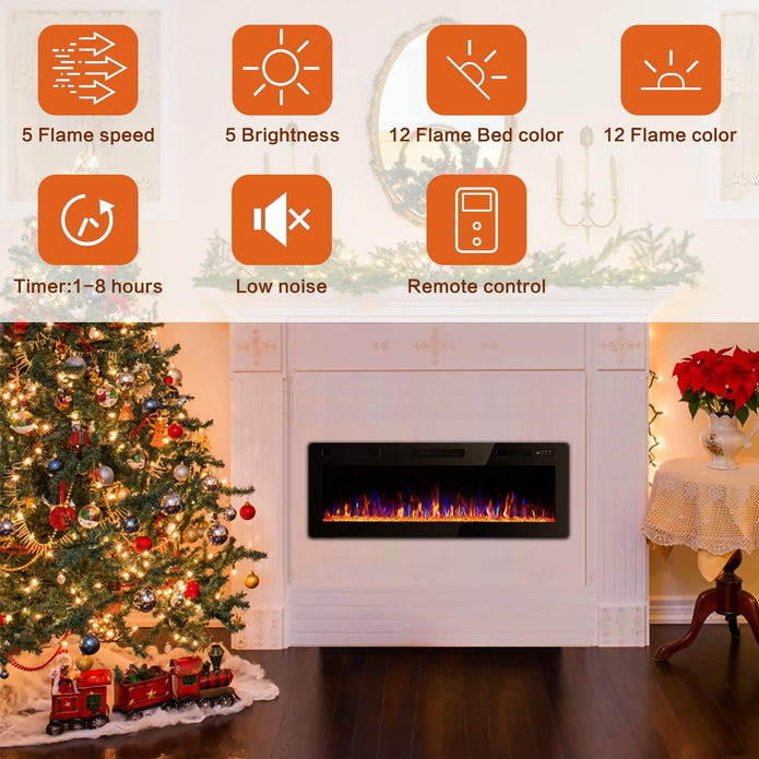 DEMO MODEL 50 Inch Ultra Thin Electric Fireplace-Narrow Bezel Linear Fireplace Heater Recessed Wall Mounted, Remote and Screen Control, 8H Sleep Timer, Low Noise, 750/1500W for Living Room, Bedroom
