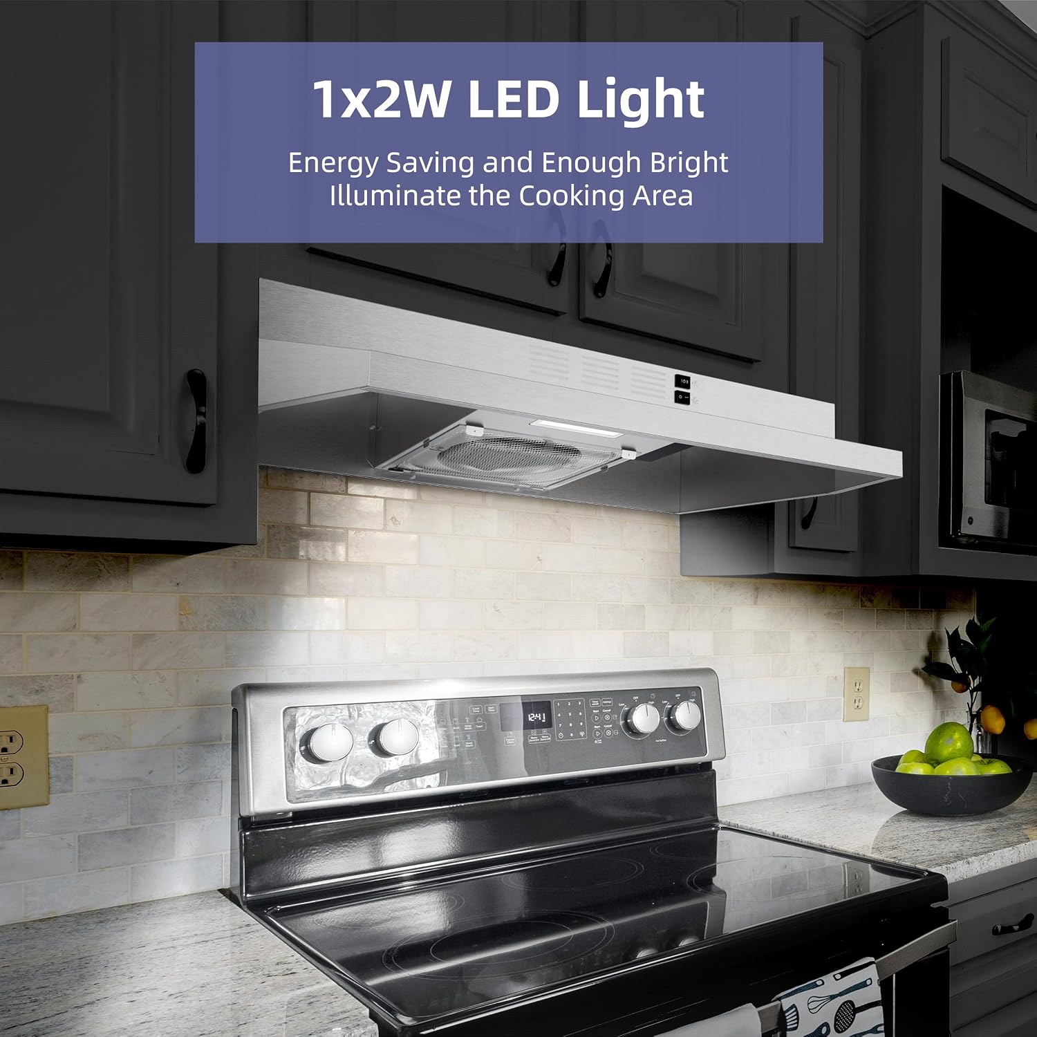 NEW IN OPEN BOX FIREGAS Range Hood 30 Inch Under Cabinet, Ducted/Ductless Convertible Stainless Steel Kitchen Hood with Rocker Button Control