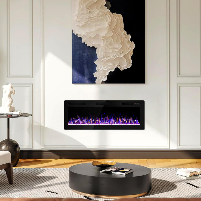 DEMO MODEL 50 Inch Ultra Thin Electric Fireplace-Narrow Bezel Linear Fireplace Heater Recessed Wall Mounted, Remote and Screen Control, 8H Sleep Timer, Low Noise, 750/1500W for Living Room, Bedroom