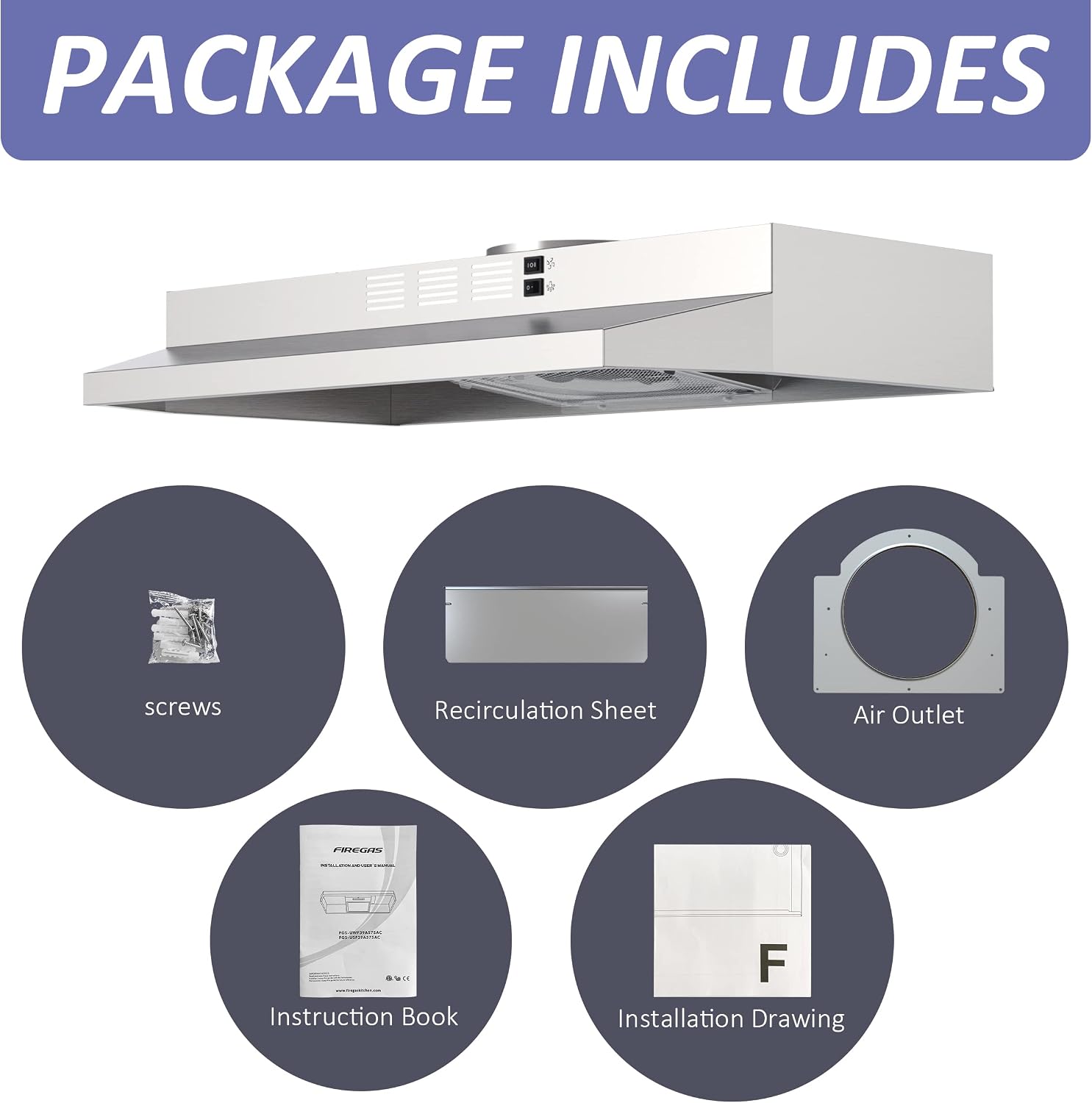 NEW IN OPEN BOX FIREGAS Range Hood 30 Inch Under Cabinet, Ducted/Ductless Convertible Stainless Steel Kitchen Hood with Rocker Button Control