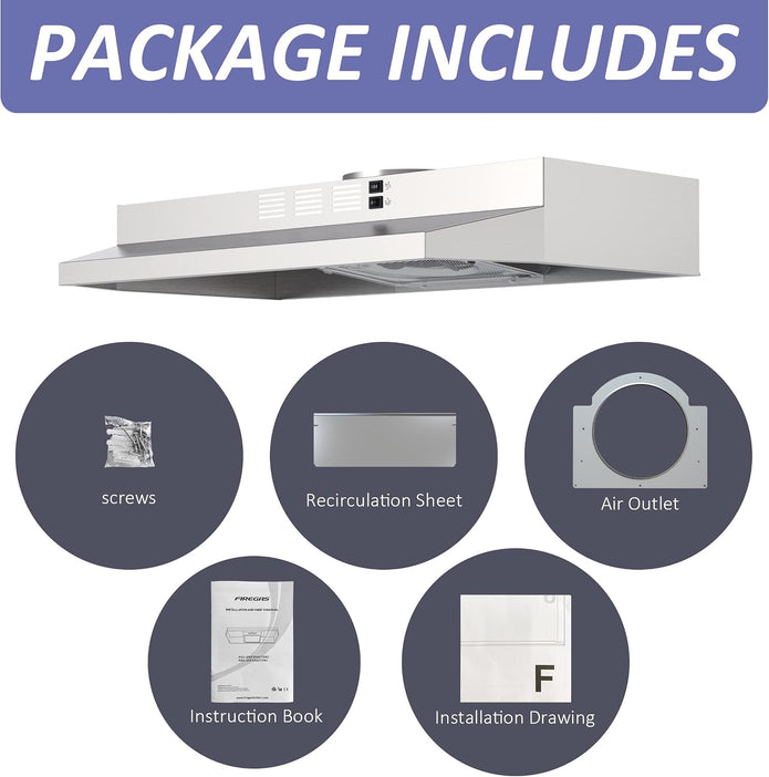 NEW IN OPEN BOX FIREGAS Range Hood 30 Inch Under Cabinet, Ducted/Ductless Convertible Stainless Steel Kitchen Hood with Rocker Button Control
