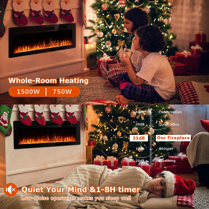 DEMO MODEL 50 Inch Ultra Thin Electric Fireplace-Narrow Bezel Linear Fireplace Heater Recessed Wall Mounted, Remote and Screen Control, 8H Sleep Timer, Low Noise, 750/1500W for Living Room, Bedroom