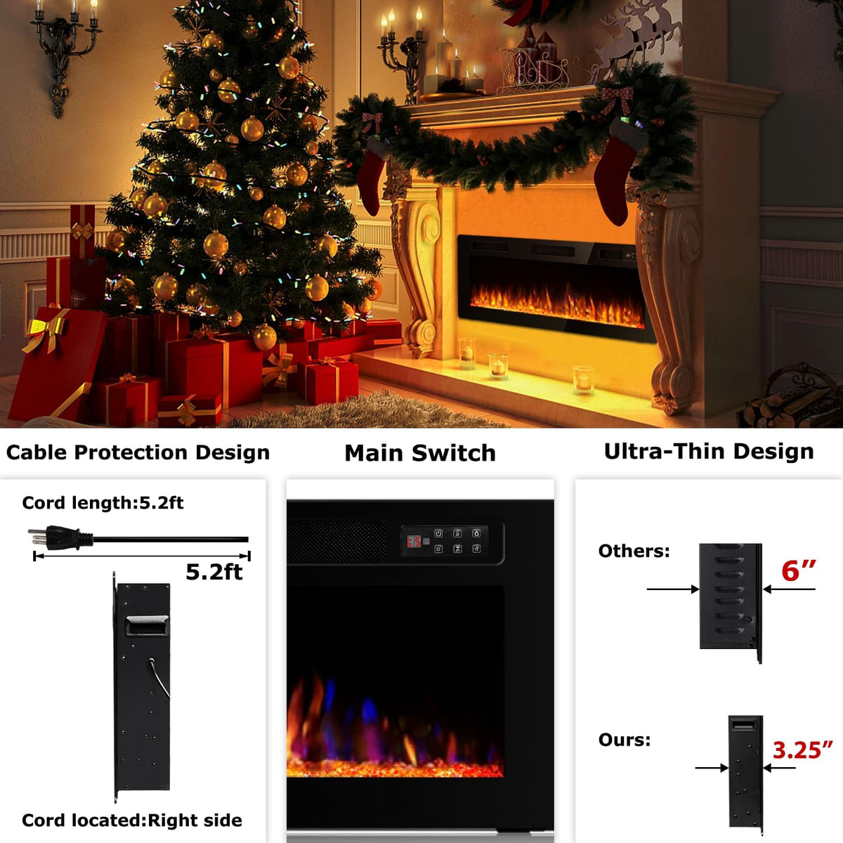 DEMO MODEL 50 Inch Ultra Thin Electric Fireplace-Narrow Bezel Linear Fireplace Heater Recessed Wall Mounted, Remote and Screen Control, 8H Sleep Timer, Low Noise, 750/1500W for Living Room, Bedroom