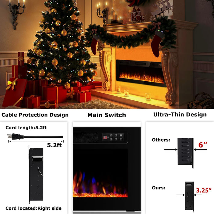 DEMO MODEL 50 Inch Ultra Thin Electric Fireplace-Narrow Bezel Linear Fireplace Heater Recessed Wall Mounted, Remote and Screen Control, 8H Sleep Timer, Low Noise, 750/1500W for Living Room, Bedroom