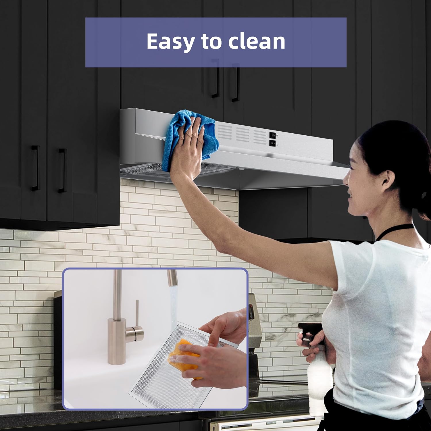 NEW IN OPEN BOX FIREGAS Range Hood 30 Inch Under Cabinet, Ducted/Ductless Convertible Stainless Steel Kitchen Hood with Rocker Button Control