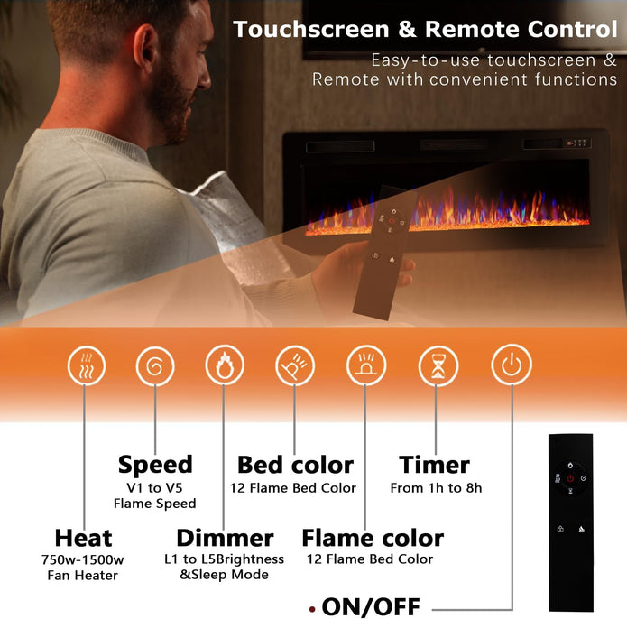 DEMO MODEL 50 Inch Ultra Thin Electric Fireplace-Narrow Bezel Linear Fireplace Heater Recessed Wall Mounted, Remote and Screen Control, 8H Sleep Timer, Low Noise, 750/1500W for Living Room, Bedroom