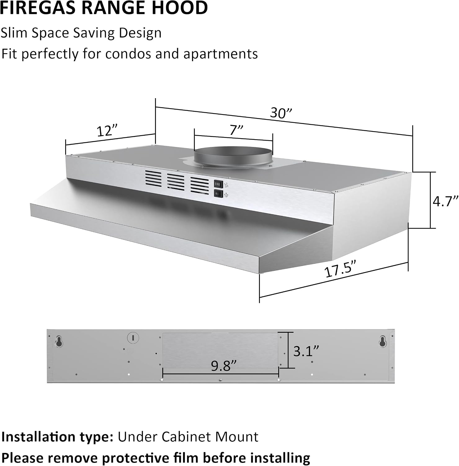 NEW IN OPEN BOX FIREGAS Range Hood 30 Inch Under Cabinet, Ducted/Ductless Convertible Stainless Steel Kitchen Hood with Rocker Button Control