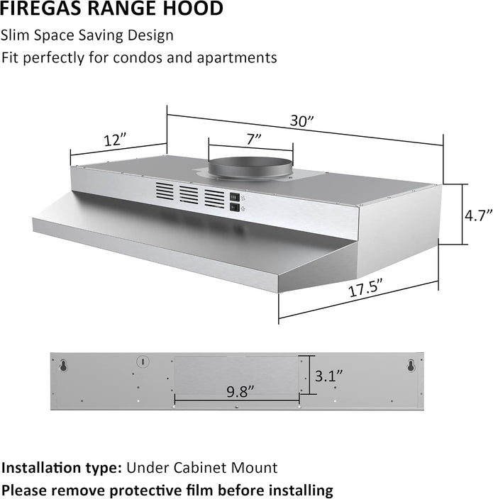 NEW IN OPEN BOX FIREGAS Range Hood 30 Inch Under Cabinet, Ducted/Ductless Convertible Stainless Steel Kitchen Hood with Rocker Button Control