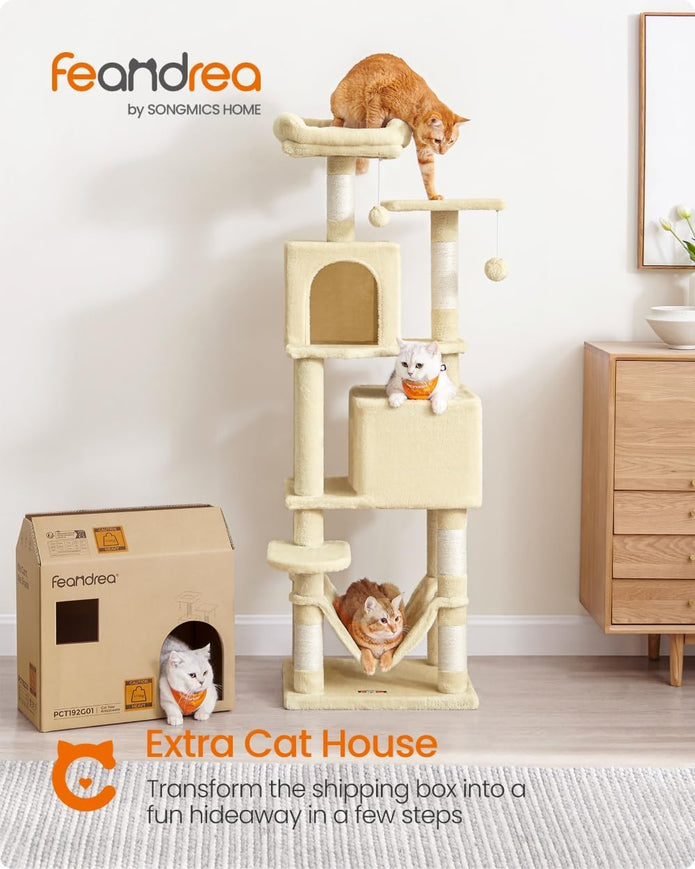 Feandrea Cat Tree Tower, 151 cm, 2 Perches, Hammock, Beige