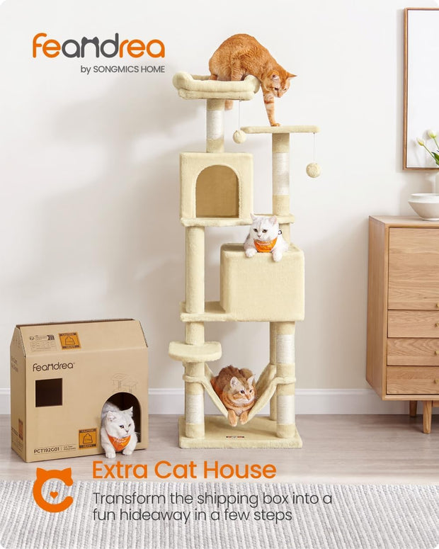 Feandrea Cat Tree Tower, 151 cm, 2 Perches, Hammock, Beige