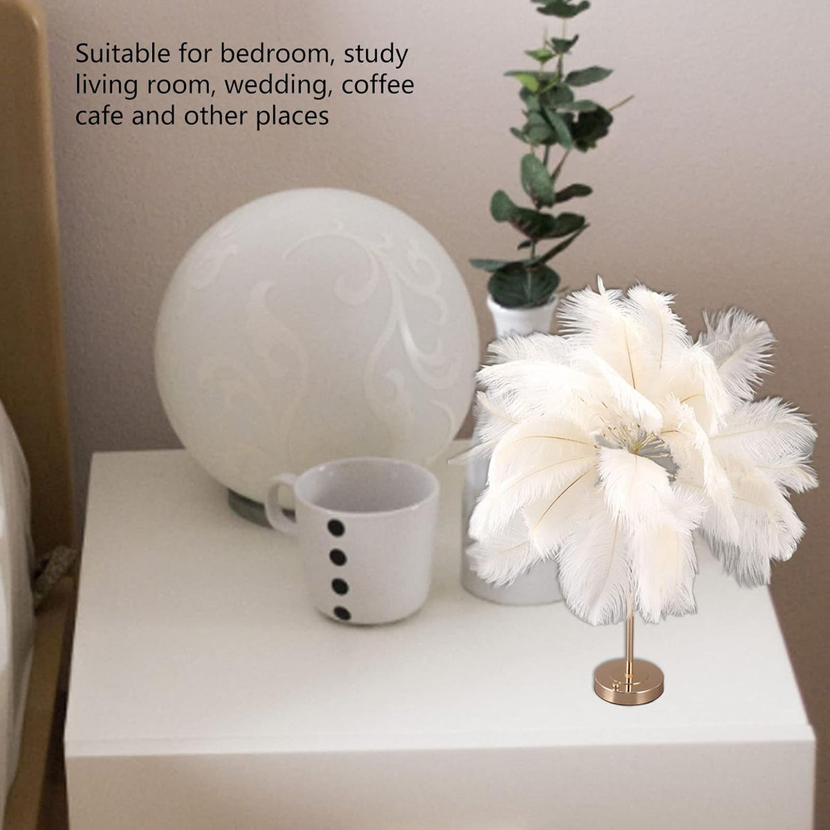 Artificial Feather Table Lamp, USB Rechargeable Decorative Lights with 3 Light Tones, Bedroom Beside Lamp for Home Party Wedding Shop Decoration (White)