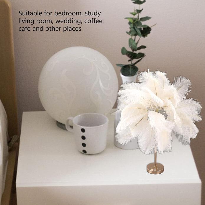 Artificial Feather Table Lamp, USB Rechargeable Decorative Lights with 3 Light Tones, Bedroom Beside Lamp for Home Party Wedding Shop Decoration (White)