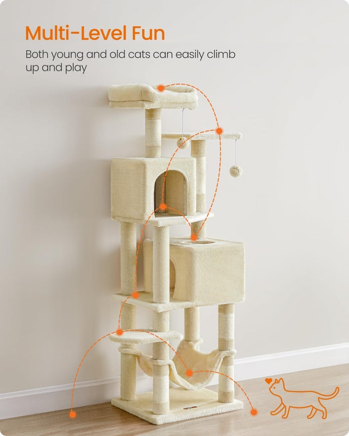 Feandrea Cat Tree Tower, 151 cm, 2 Perches, Hammock, Beige
