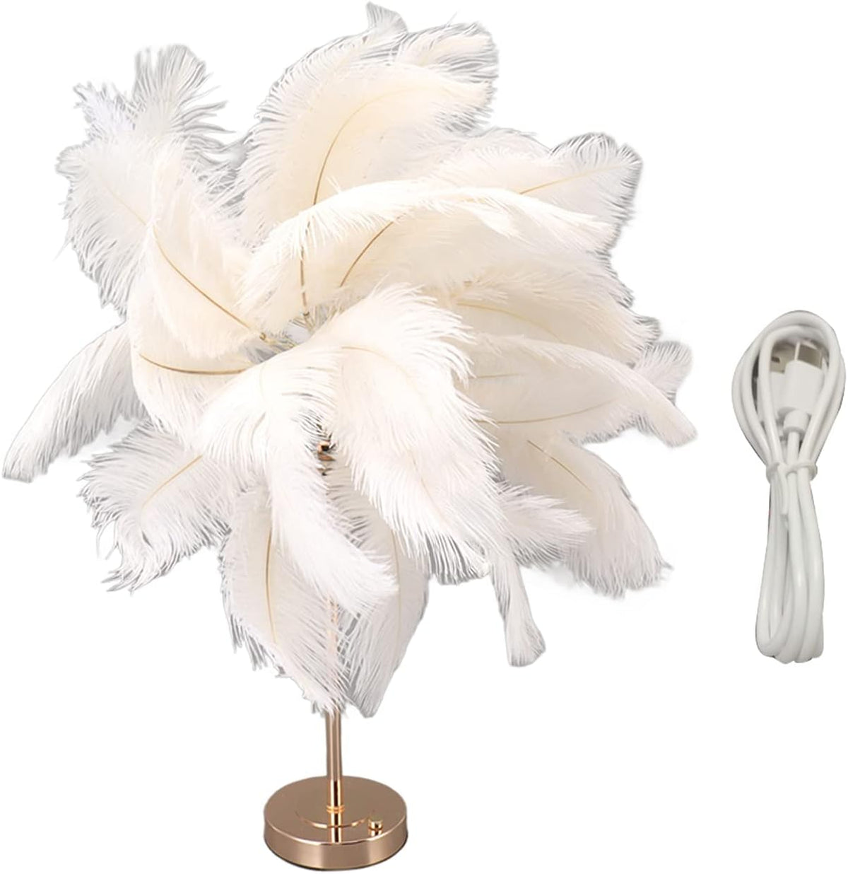Artificial Feather Table Lamp, USB Rechargeable Decorative Lights with 3 Light Tones, Bedroom Beside Lamp for Home Party Wedding Shop Decoration (White)