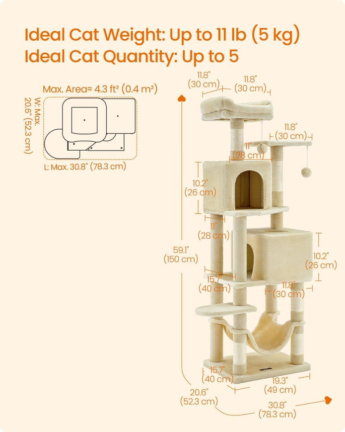 Feandrea Cat Tree Tower, 151 cm, 2 Perches, Hammock, Beige