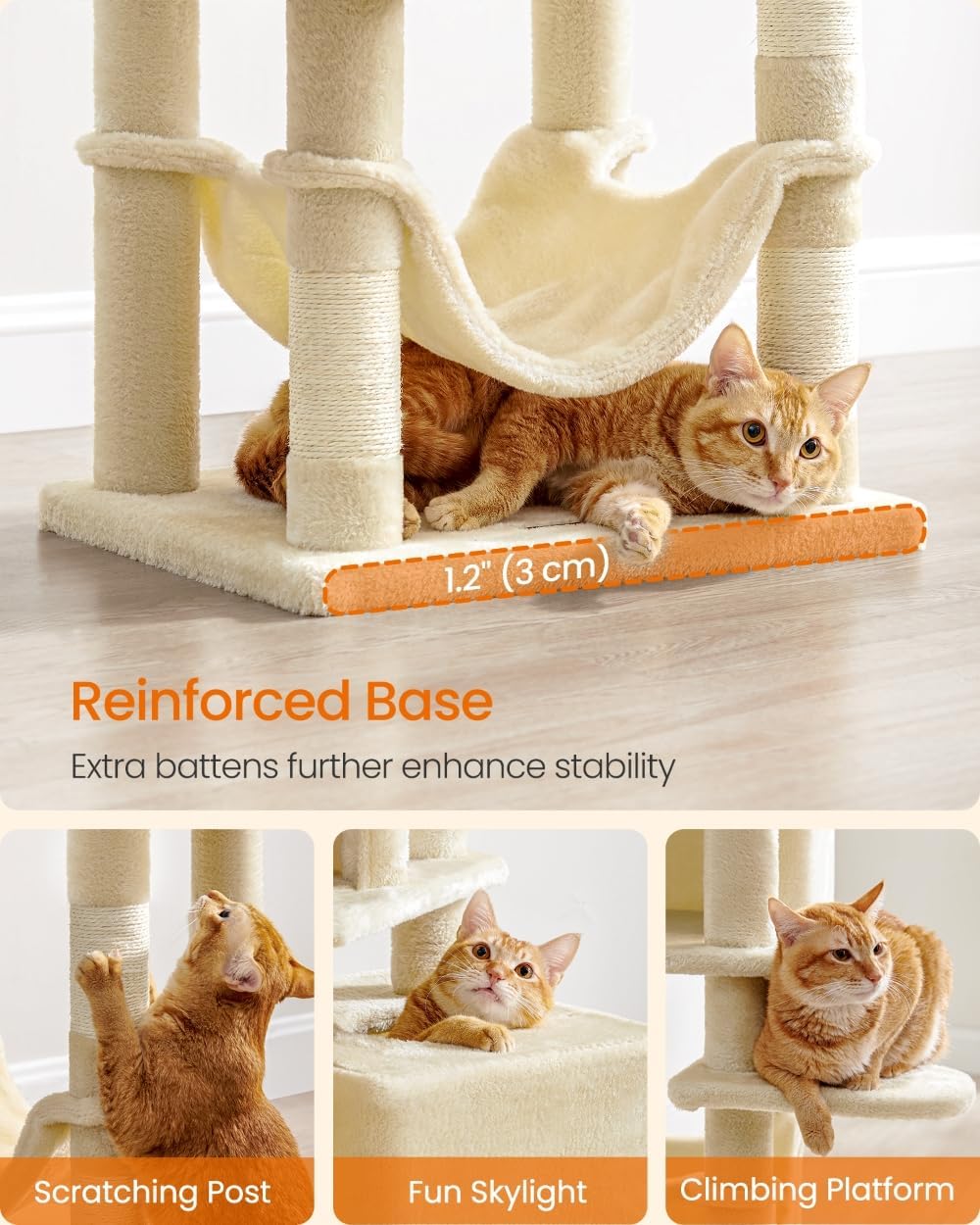 Feandrea Cat Tree Tower, 151 cm, 2 Perches, Hammock, Beige