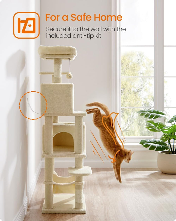 Feandrea Cat Tree Tower, 151 cm, 2 Perches, Hammock, Beige