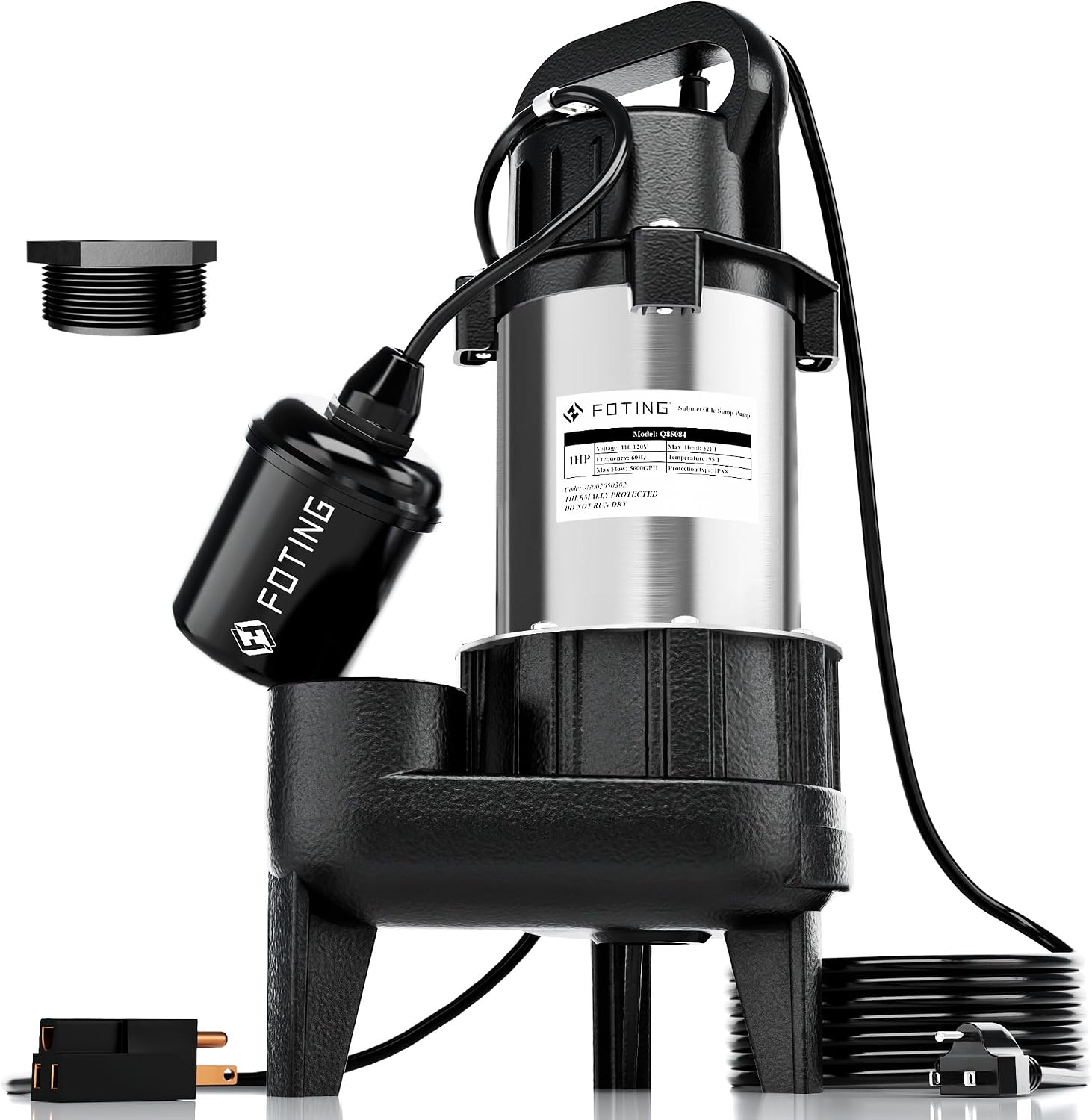 FOTING 1HP 40FT Sump Pump Submersible Sewage/Effluent Pump 5600 GPH - Heavy Duty Cast Iron - Automatic/Manual Septic Pump for Sump Basin/Residential/Sewage/Basement, 2'' NPT Discharge