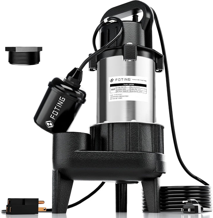 FOTING 1HP 40FT Sump Pump Submersible Sewage/Effluent Pump 5600 GPH - Heavy Duty Cast Iron - Automatic/Manual Septic Pump for Sump Basin/Residential/Sewage/Basement, 2'' NPT Discharge