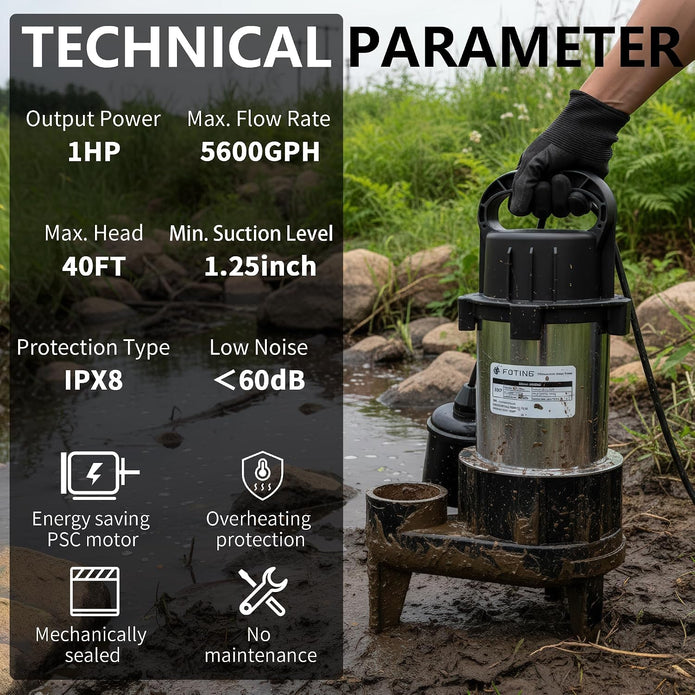 FOTING 1HP 40FT Sump Pump Submersible Sewage/Effluent Pump 5600 GPH - Heavy Duty Cast Iron - Automatic/Manual Septic Pump for Sump Basin/Residential/Sewage/Basement, 2'' NPT Discharge